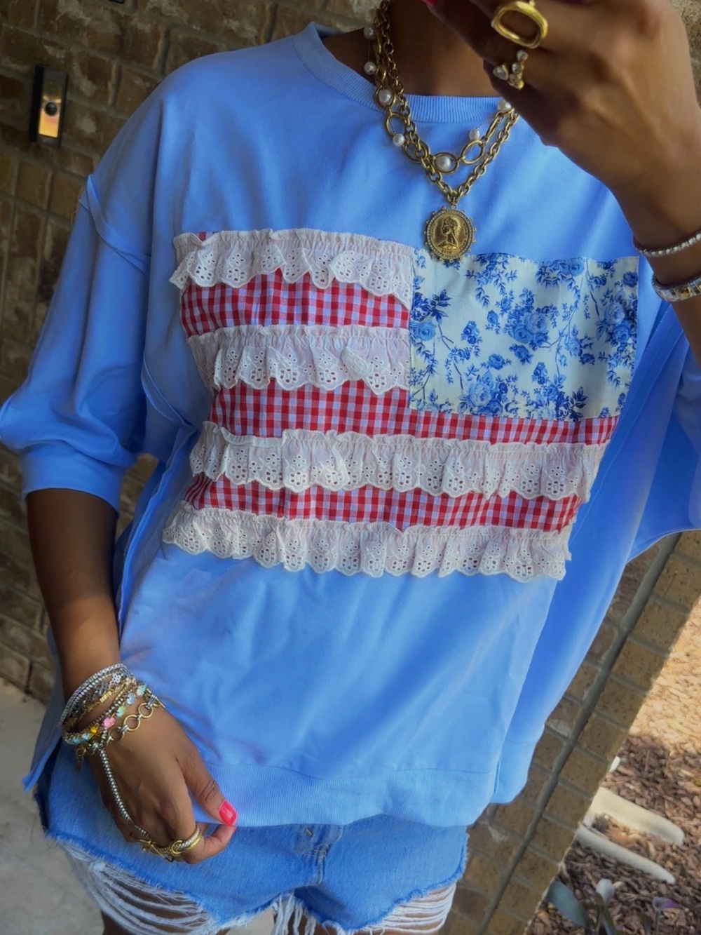 4th of July Light Blue Patchwork Flag French Terry Top